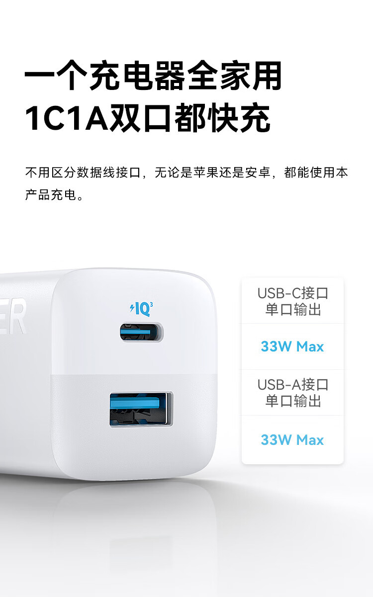 Адаптер Anker A2331 для быстрой зарядки с двумя портами, высокой мощностью 33 Вт, совместим со всеми моделями